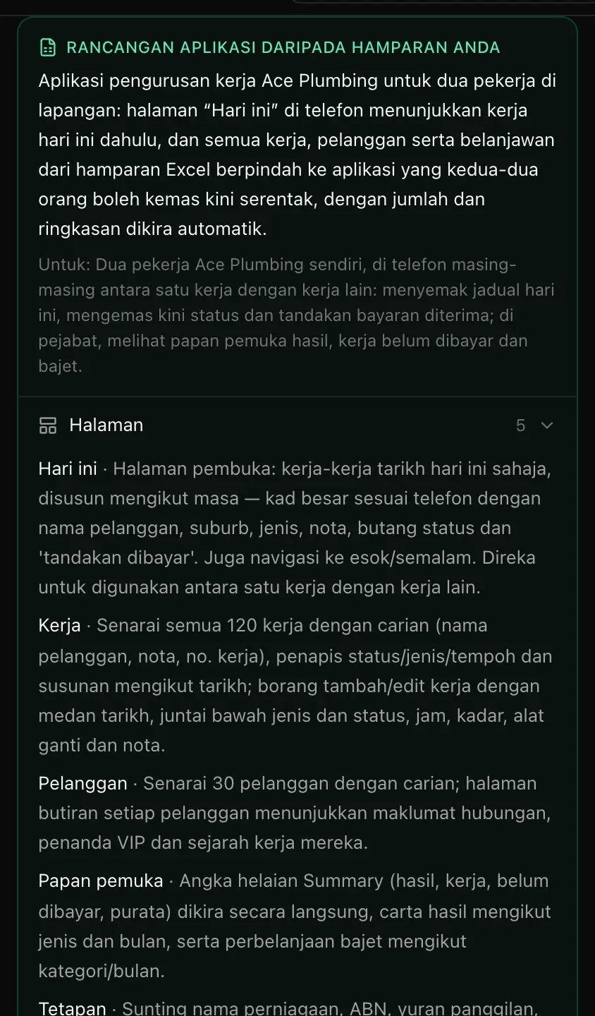 Rancangan aplikasi daripada hamparan anda: aplikasi pengurusan kerja Ace Plumbing untuk dua pekerja di lapangan, dengan halaman “Hari ini” di telefon yang menunjukkan kerja hari ini dahulu; kemudian Halaman — Hari ini, Kerja, Pelanggan, Papan pemuka dan Tetapan
