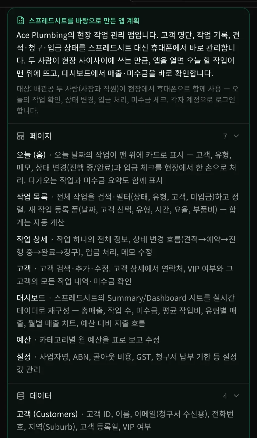 스프레드시트를 바탕으로 만든 앱 계획. Ace Plumbing의 현장 작업 관리 앱으로, 두 사람이 현장 사이사이에 휴대폰으로 쓰도록 앱을 열면 오늘 할 작업이 맨 위에 뜬다는 설명과 함께 페이지 7개(오늘(홈), 작업 목록, 작업 상세, 고객, 대시보드, 예산, 설정)가 이어집니다