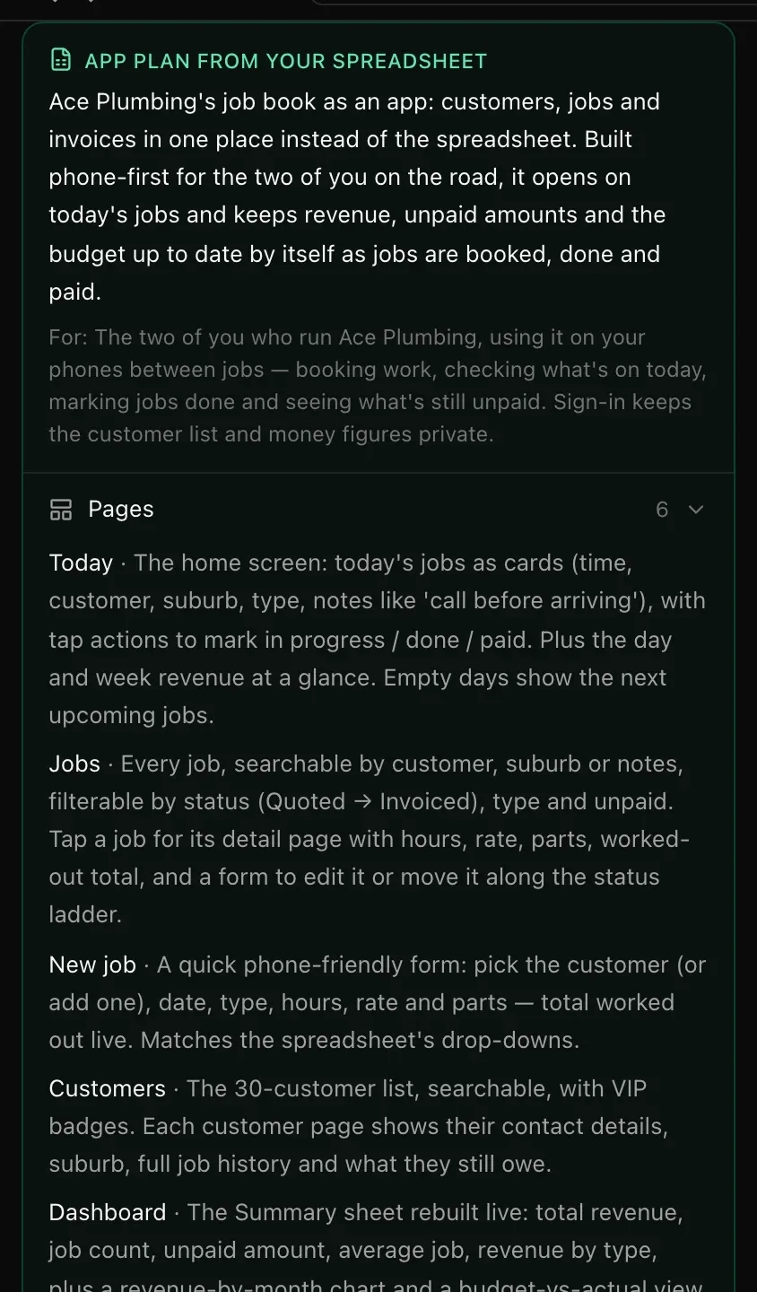 App plan from your spreadsheet: Ace Plumbing's job book as an app, built phone-first for the two owners, opening on today's jobs; then Pages — Today, Jobs, New job, Customers, Dashboard