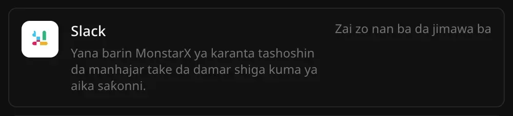 Layin Slack a Haɗin sabis: Yana barin MonstarX ya karanta tashoshin da manhajar take da damar shiga kuma ya aika saƙonni, tare da alamar Zai zo nan ba da jimawa ba