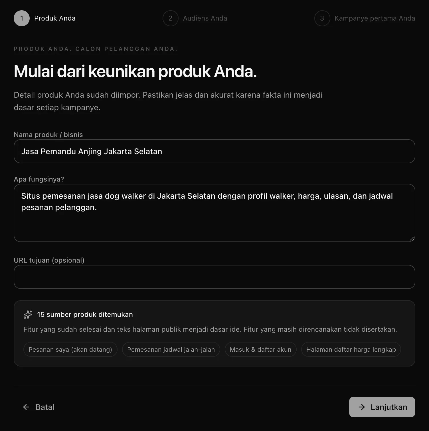 Langkah Produk Anda: nama produk, fungsinya, URL tujuan, dan 15 sumber produk ditemukan, dengan chip fitur seperti Pesanan saya (akan datang) dan Pemesanan jadwal jalan-jalan