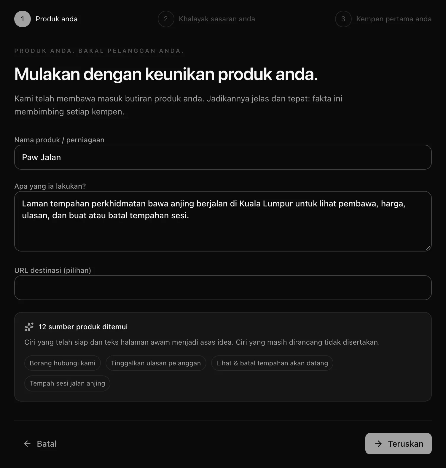 Langkah Produk anda: nama produk, fungsinya, URL destinasi, dan 12 sumber produk ditemui, dengan cip ciri Borang hubungi kami, Tinggalkan ulasan pelanggan, Lihat & batal tempahan akan datang dan Tempah sesi jalan anjing