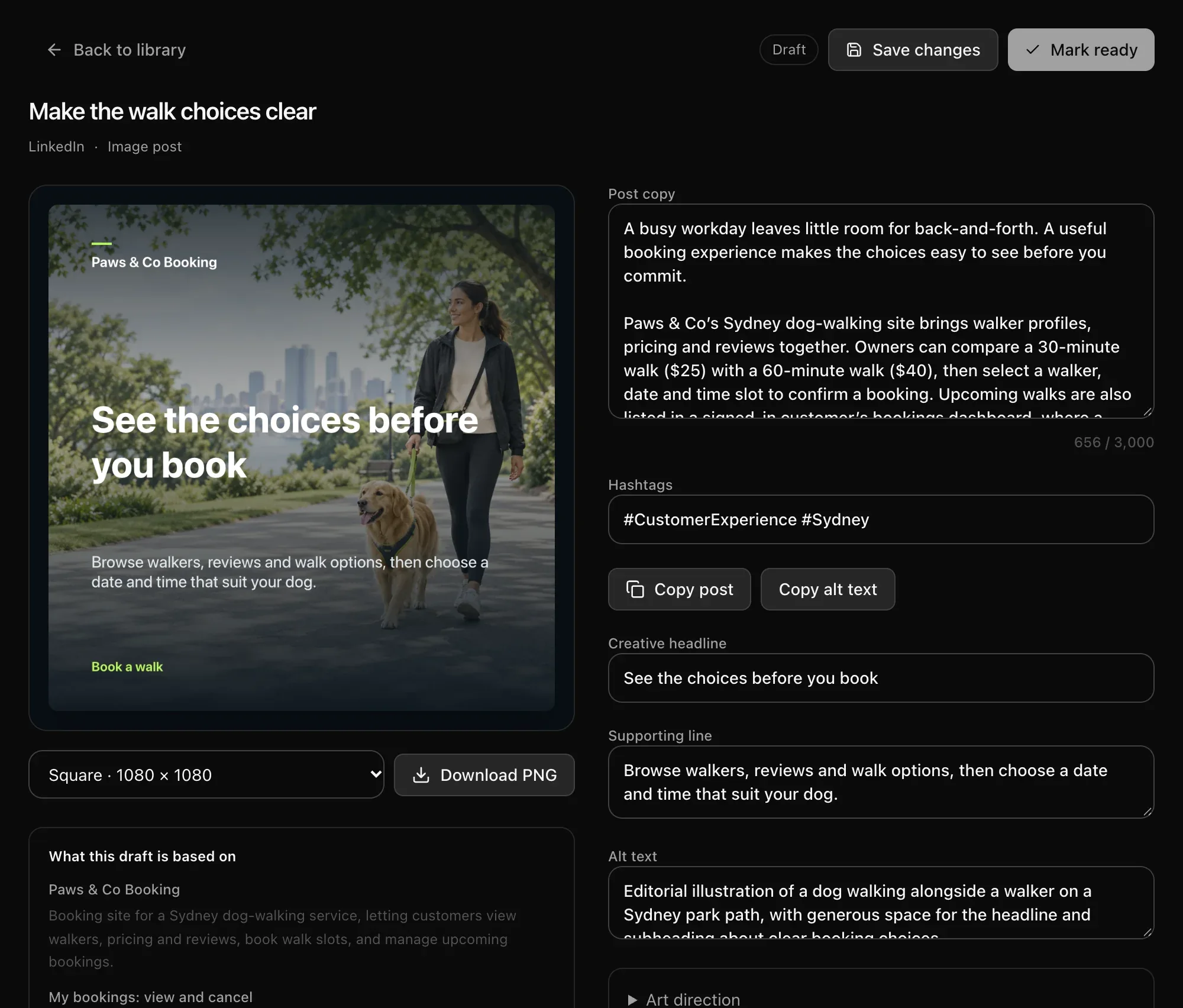 An image post for LinkedIn: a branded graphic with an AI photo of a walker and a dog, Download PNG, and fields for post copy, hashtags, headline, supporting line and alt text