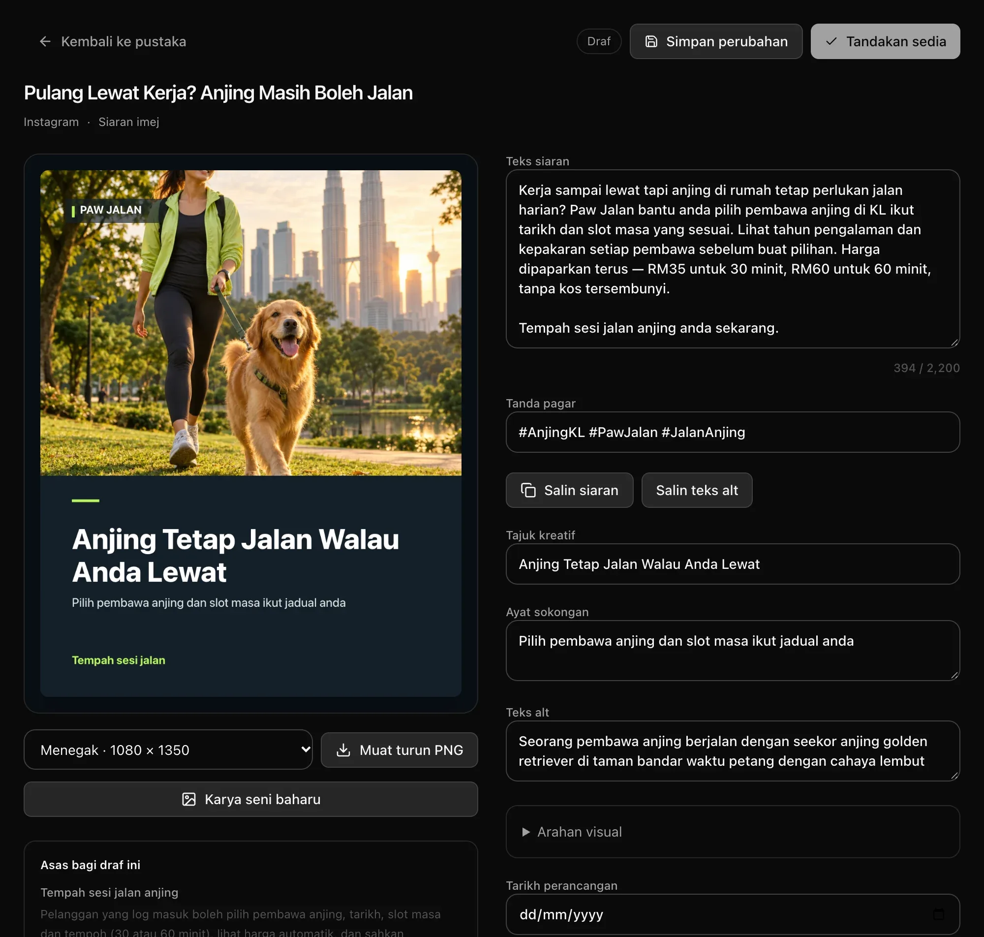 Siaran imej untuk Instagram, Pulang Lewat Kerja? Anjing Masih Boleh Jalan: grafik berjenama dengan foto AI seorang wanita membawa golden retriever berjalan di taman dengan latar bangunan Kuala Lumpur, Muat turun PNG, dan medan untuk teks siaran, tanda pagar, tajuk, ayat sokongan dan teks alt