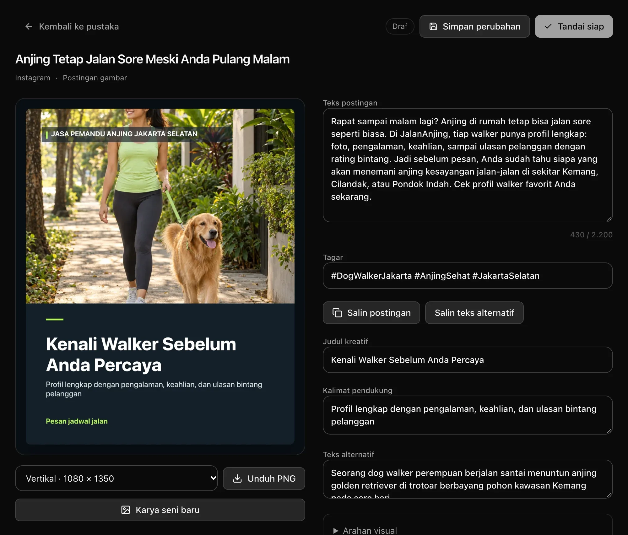 Postingan gambar untuk Instagram: grafis bermerek dengan foto AI seorang pemandu dan golden retriever-nya, Unduh PNG, dan kolom untuk teks postingan, tagar, judul kreatif, kalimat pendukung, dan teks alternatif