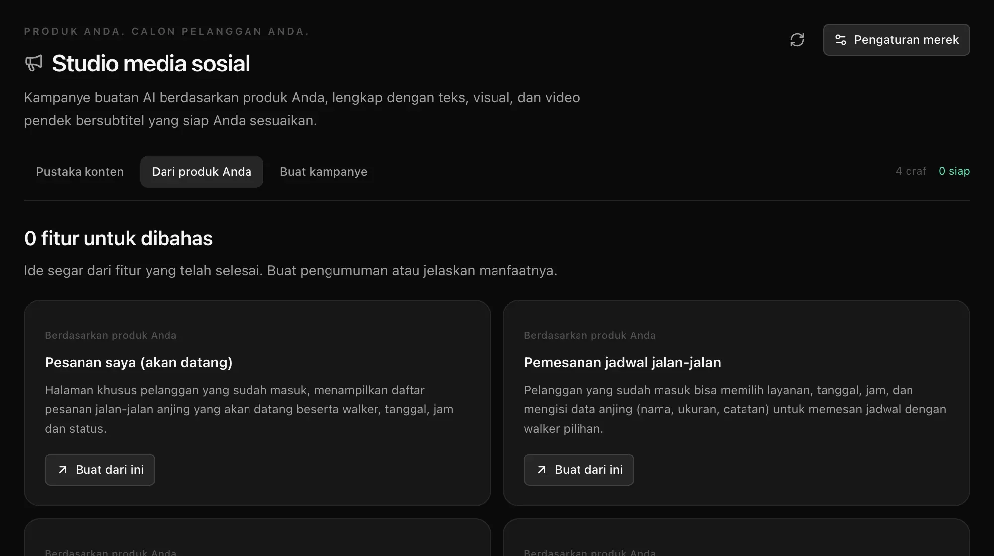 Dari produk Anda: ide dari fitur yang sudah selesai, seperti Pesanan saya (akan datang) dan Pemesanan jadwal jalan-jalan, masing-masing dengan tombol Buat dari ini