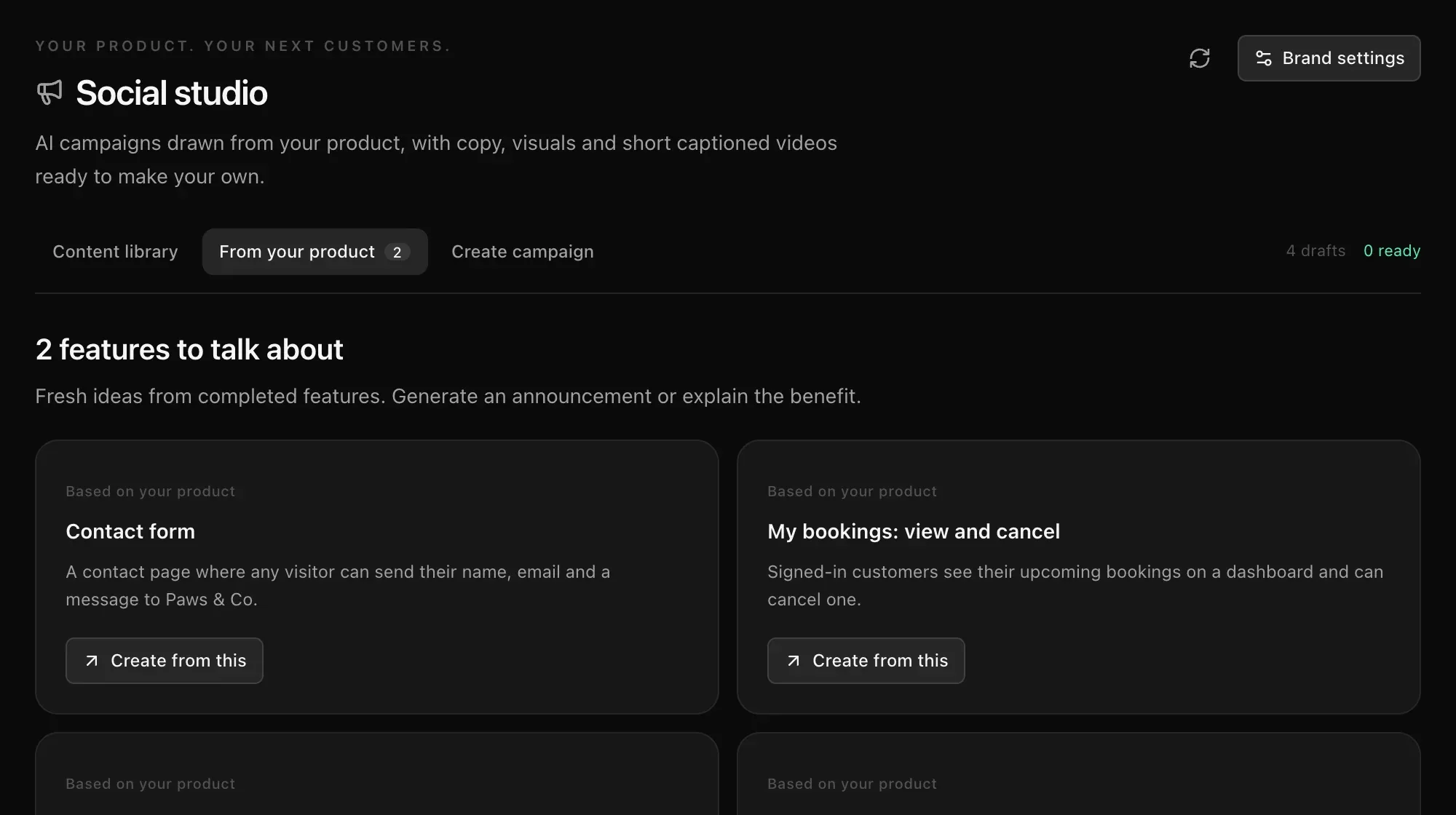 From your product: 2 features to talk about, Contact form and My bookings, each with Create from this