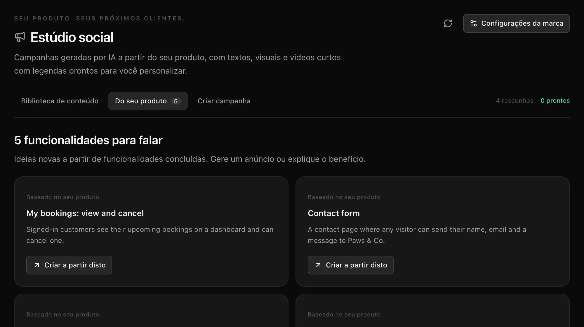 Do seu produto: 5 funcionalidades para falar, entre elas My bookings: view and cancel e Contact form, cada uma com Criar a partir disto