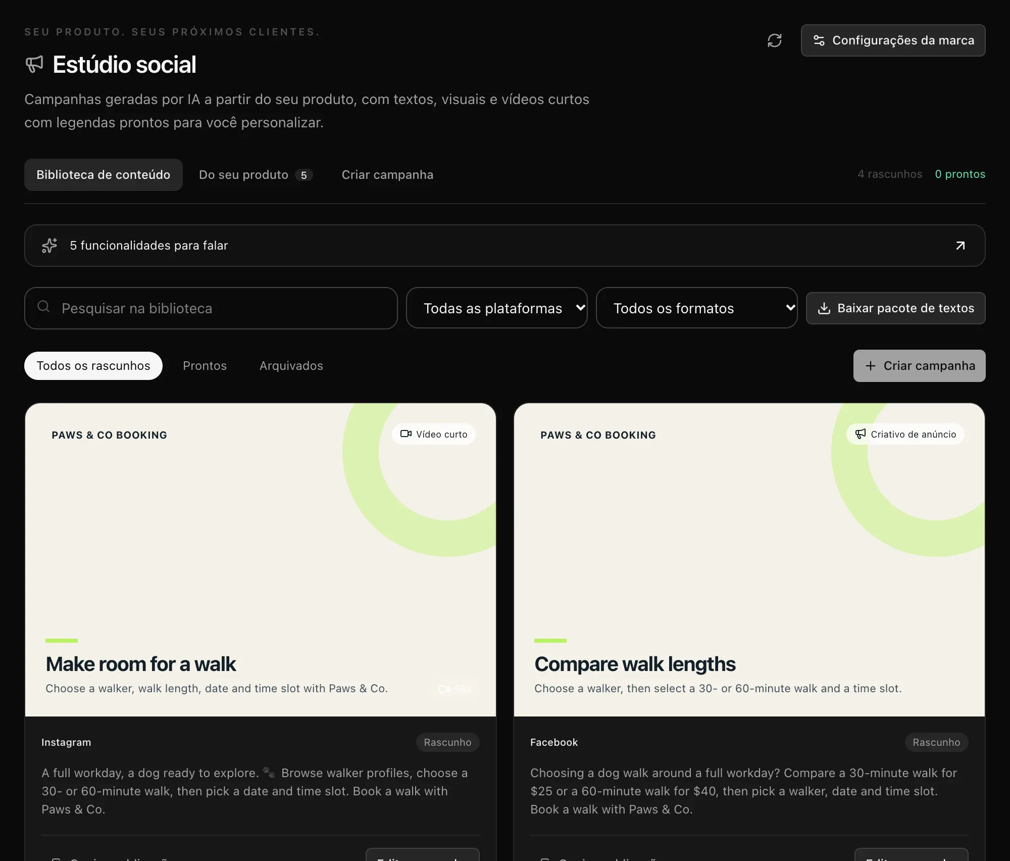 Biblioteca de conteúdo com um vídeo curto para o Instagram e um anúncio para o Facebook, cada um com o texto da publicação, além de busca, filtros de plataforma e formato, e Baixar pacote de textos