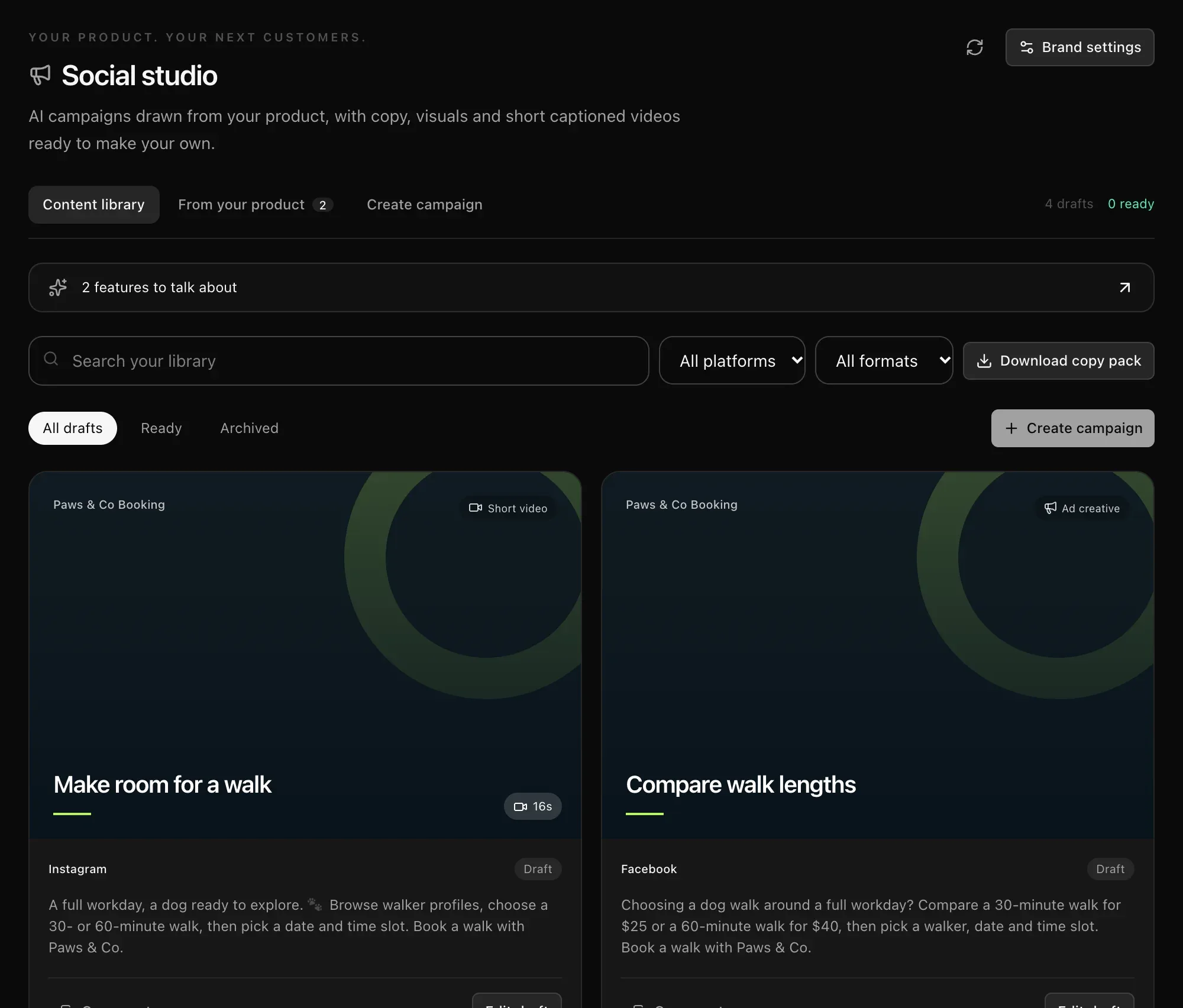Content library with a short video for Instagram and an ad for Facebook, each with its post text, plus search, platform and format filters, and Download copy pack
