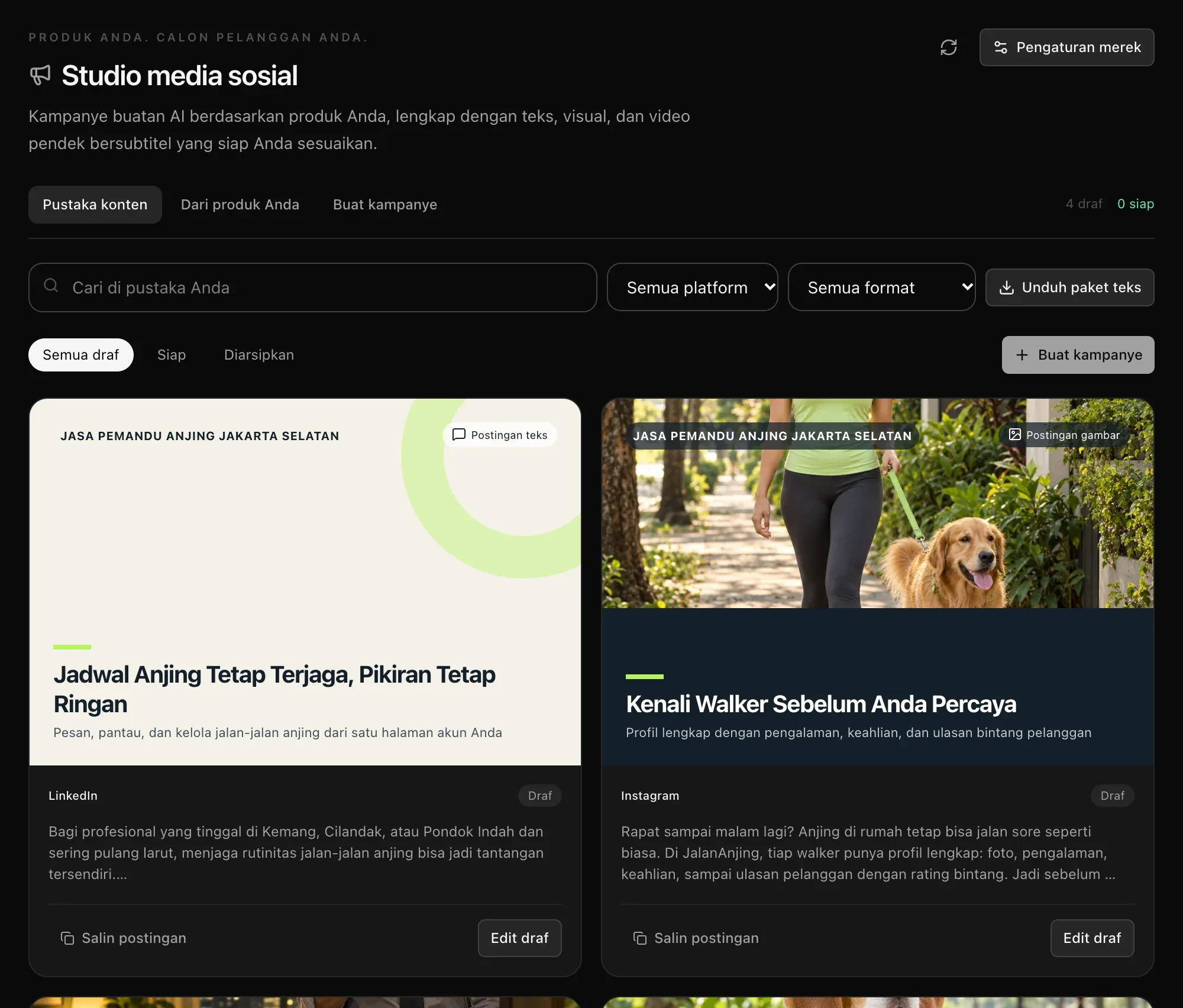 Pustaka konten dengan postingan teks untuk LinkedIn dan postingan gambar untuk Instagram, masing-masing dengan teks postingannya, ditambah pencarian, filter platform dan format, serta Unduh paket teks