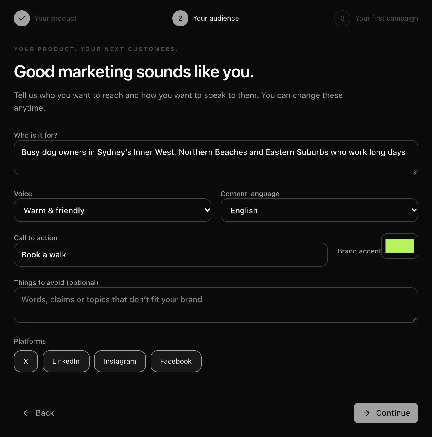 Your audience step: who it is for, voice set to Warm & friendly, English, call to action Book a walk, brand accent, things to avoid and the four platforms