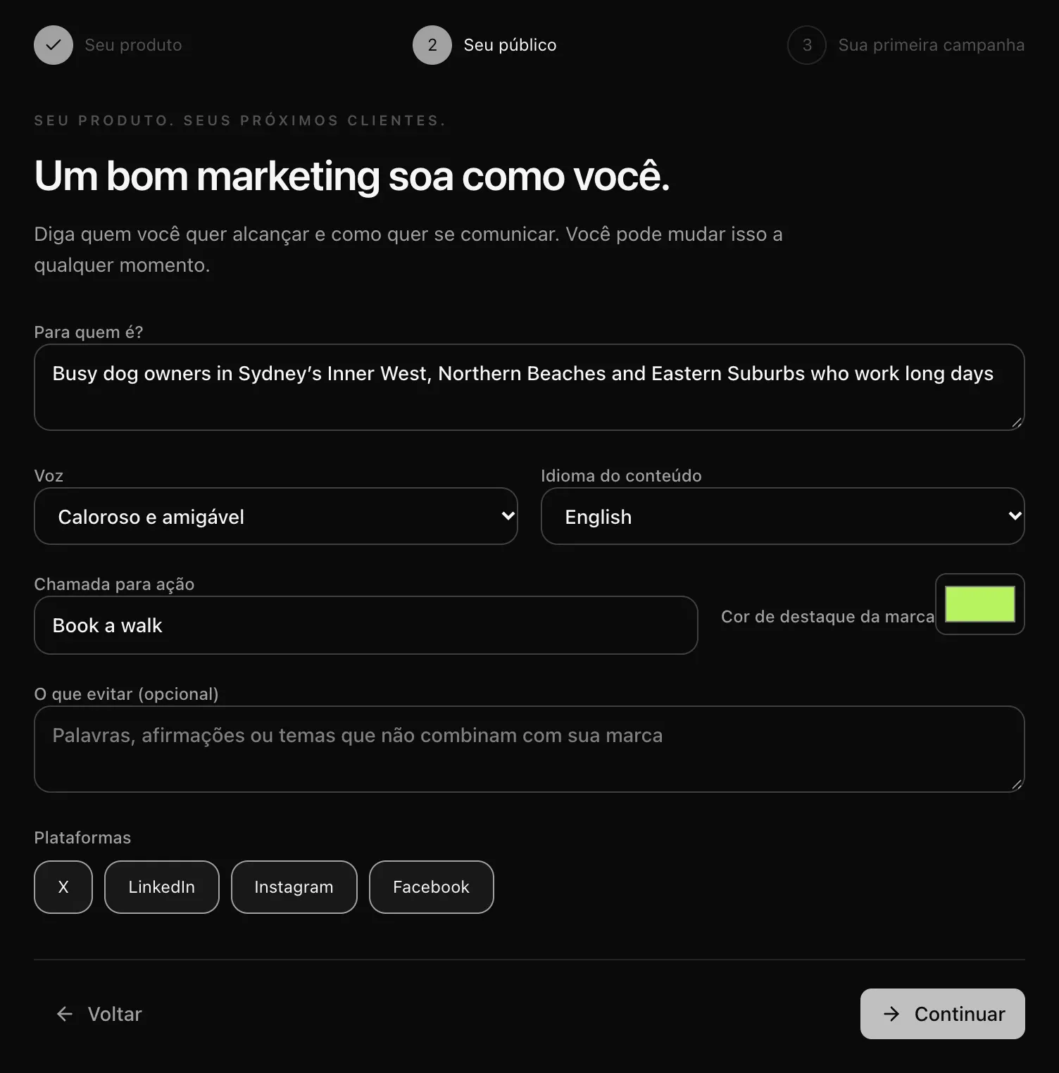 Etapa Seu público: para quem é, voz Caloroso e amigável, idioma do conteúdo English, chamada para ação Book a walk, cor de destaque da marca, o que evitar e as quatro plataformas