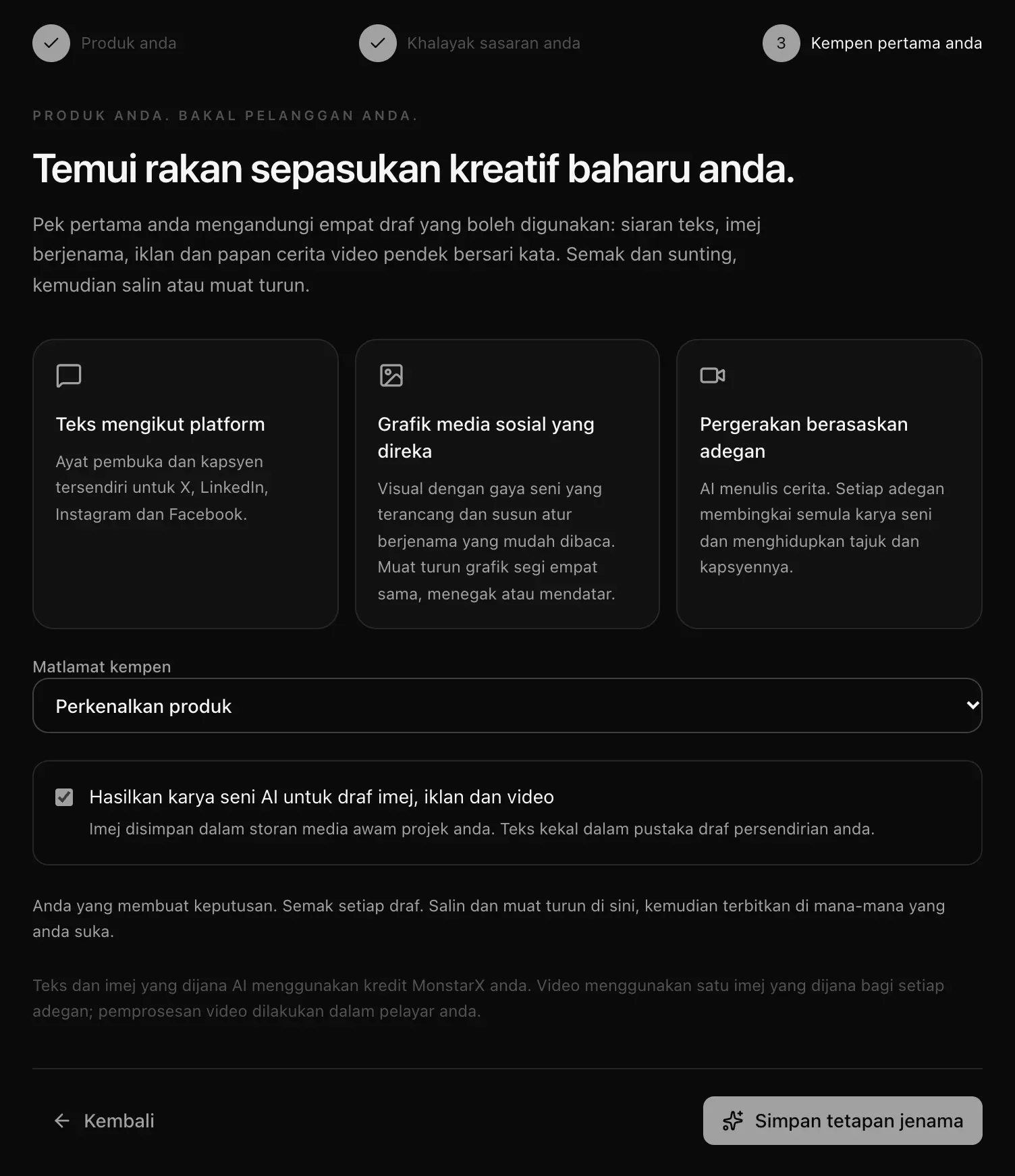 Langkah Kempen pertama anda: teks yang sesuai dengan setiap saluran, visual asli dan video pendek bersari kata, matlamat kempen dan pilihan imej AI