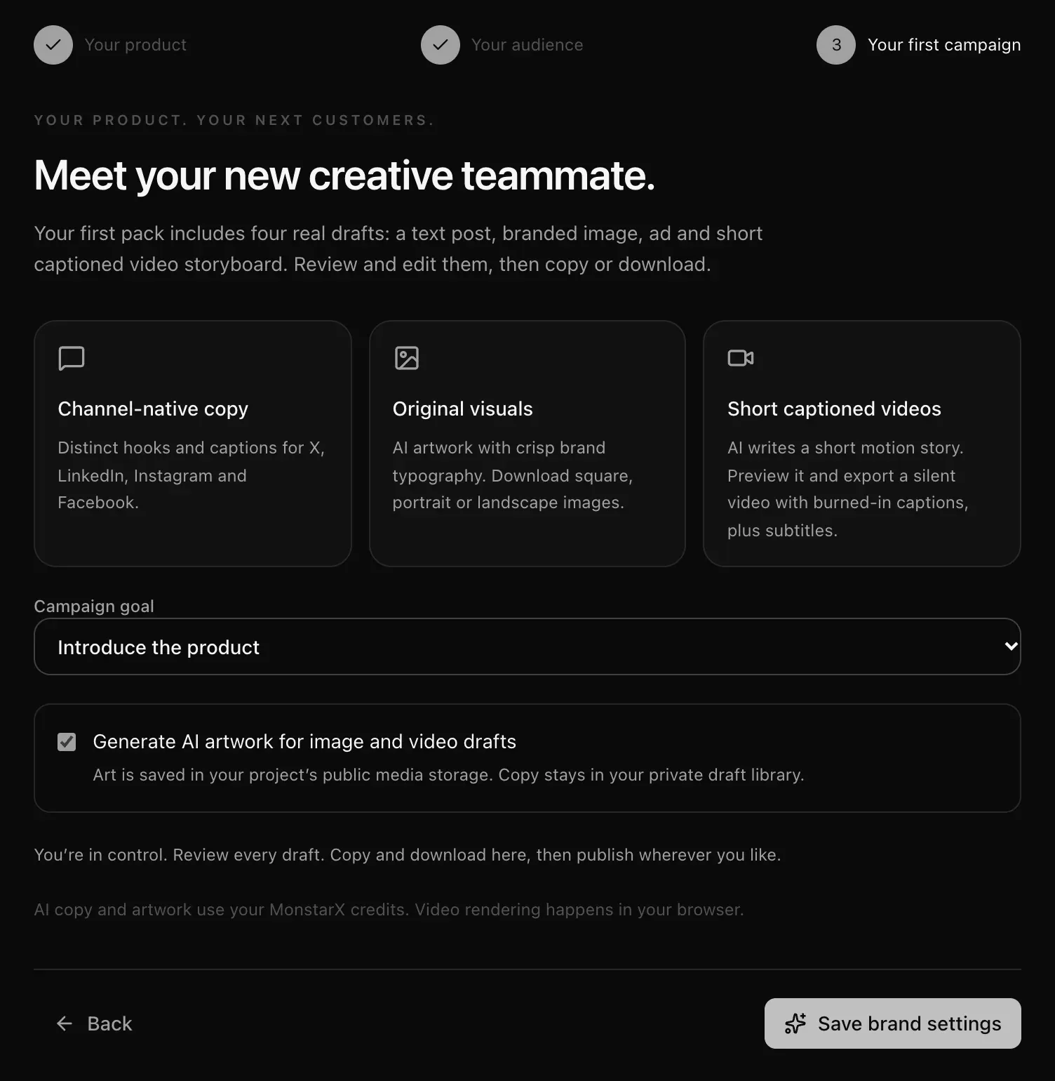 Your first campaign step: channel-native copy, original visuals and short captioned videos, the campaign goal and the AI artwork option