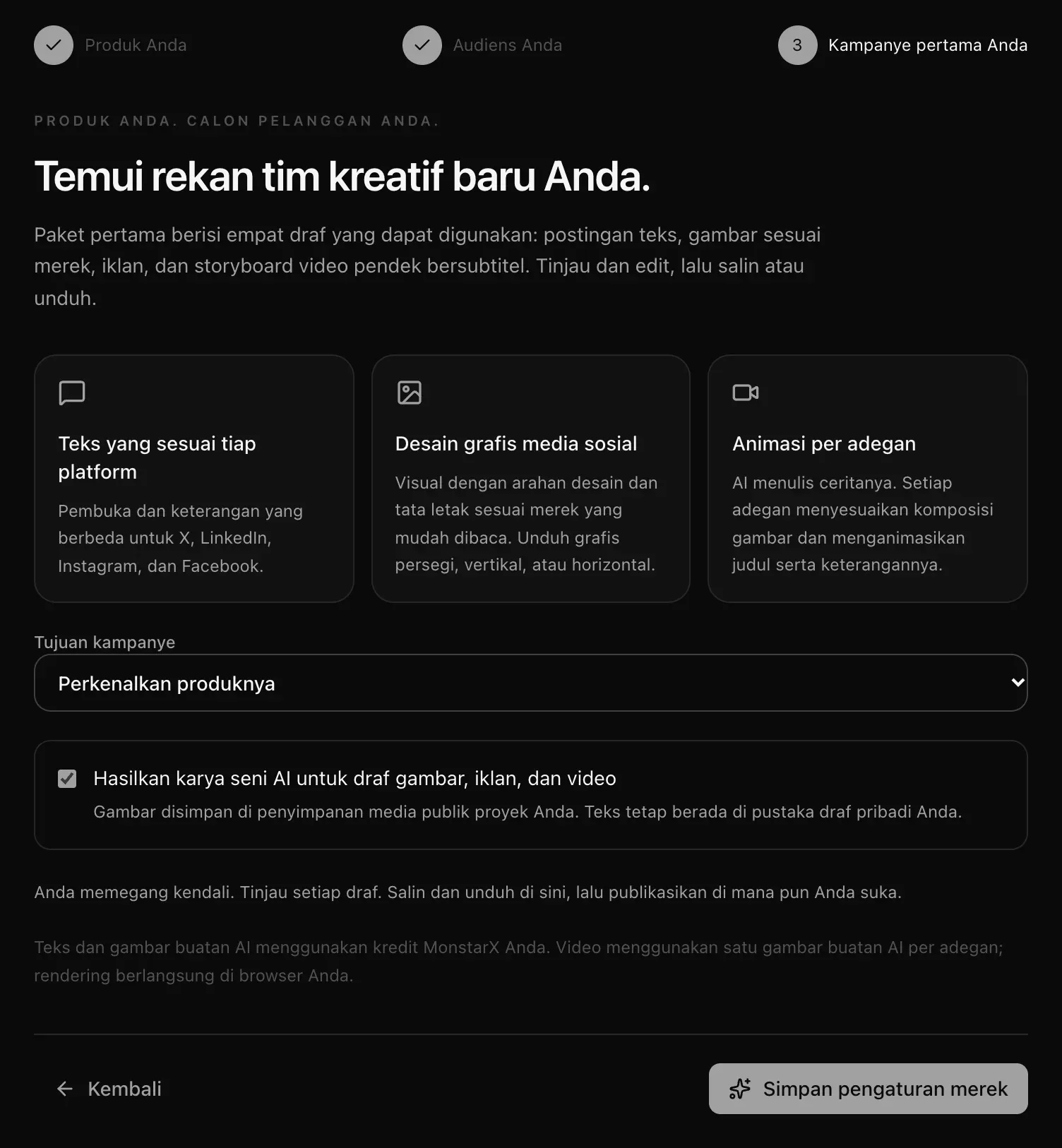 Langkah Kampanye pertama Anda: teks yang sesuai dengan setiap kanal, visual orisinal, dan video pendek bersubtitel, tujuan kampanye, dan opsi karya seni AI