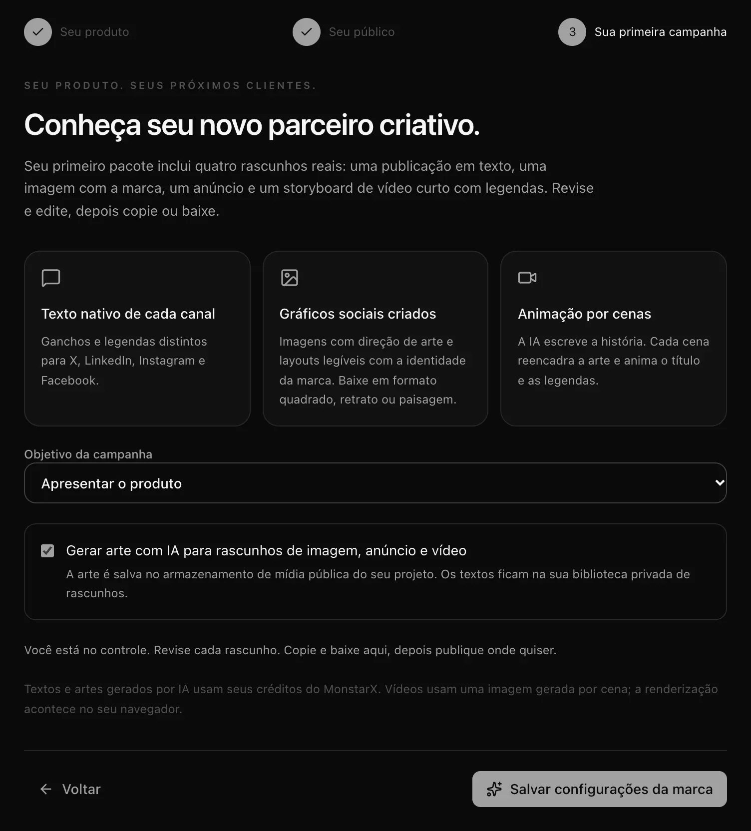 Etapa Sua primeira campanha: textos no estilo de cada canal, visuais originais e vídeos curtos com legendas, o objetivo da campanha e a opção de arte com IA