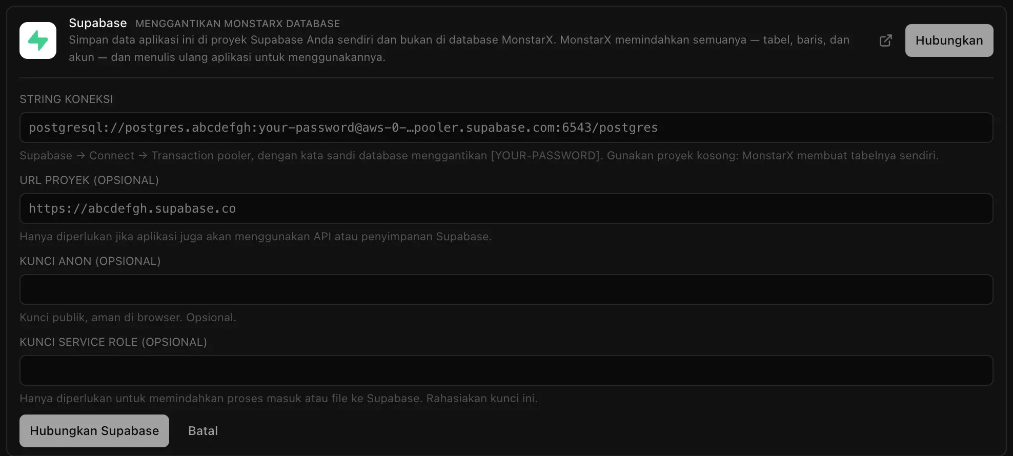 Formulir konektor Supabase: String koneksi dengan contoh alamat pooler, serta kolom opsional URL proyek, Kunci anon, dan Kunci service role, dengan tombol Hubungkan Supabase dan Batal