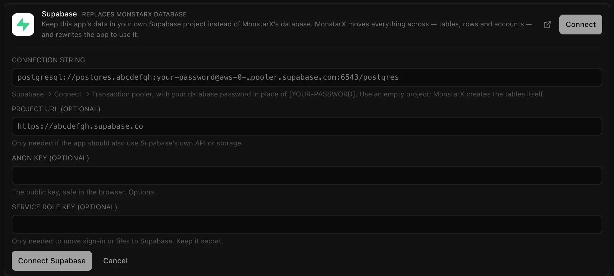 The Supabase connector form: Connection string with an example pooler address, and optional Project URL, Anon key and Service role key fields, with Connect Supabase and Cancel buttons