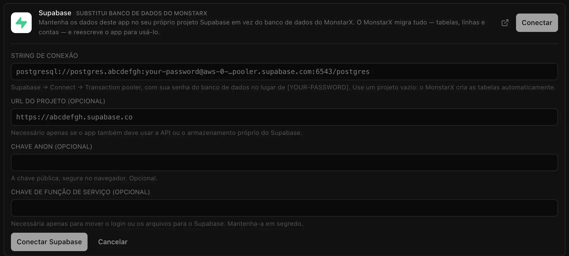 O formulário do conector do Supabase: String de conexão com um endereço de pooler de exemplo e os campos opcionais URL do projeto, Chave anon e Chave de função de serviço, com os botões Conectar Supabase e Cancelar