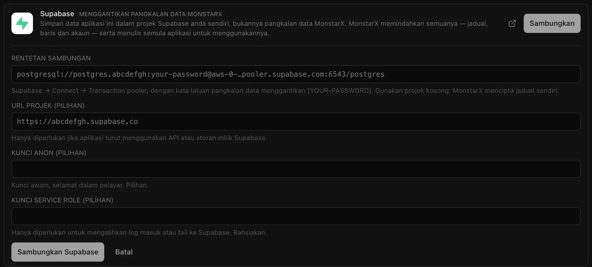 Borang penyambung Supabase: Rentetan sambungan dengan contoh alamat pooler, serta medan pilihan URL projek, Kunci anon dan Kunci service role, dengan butang Sambungkan Supabase dan Batal