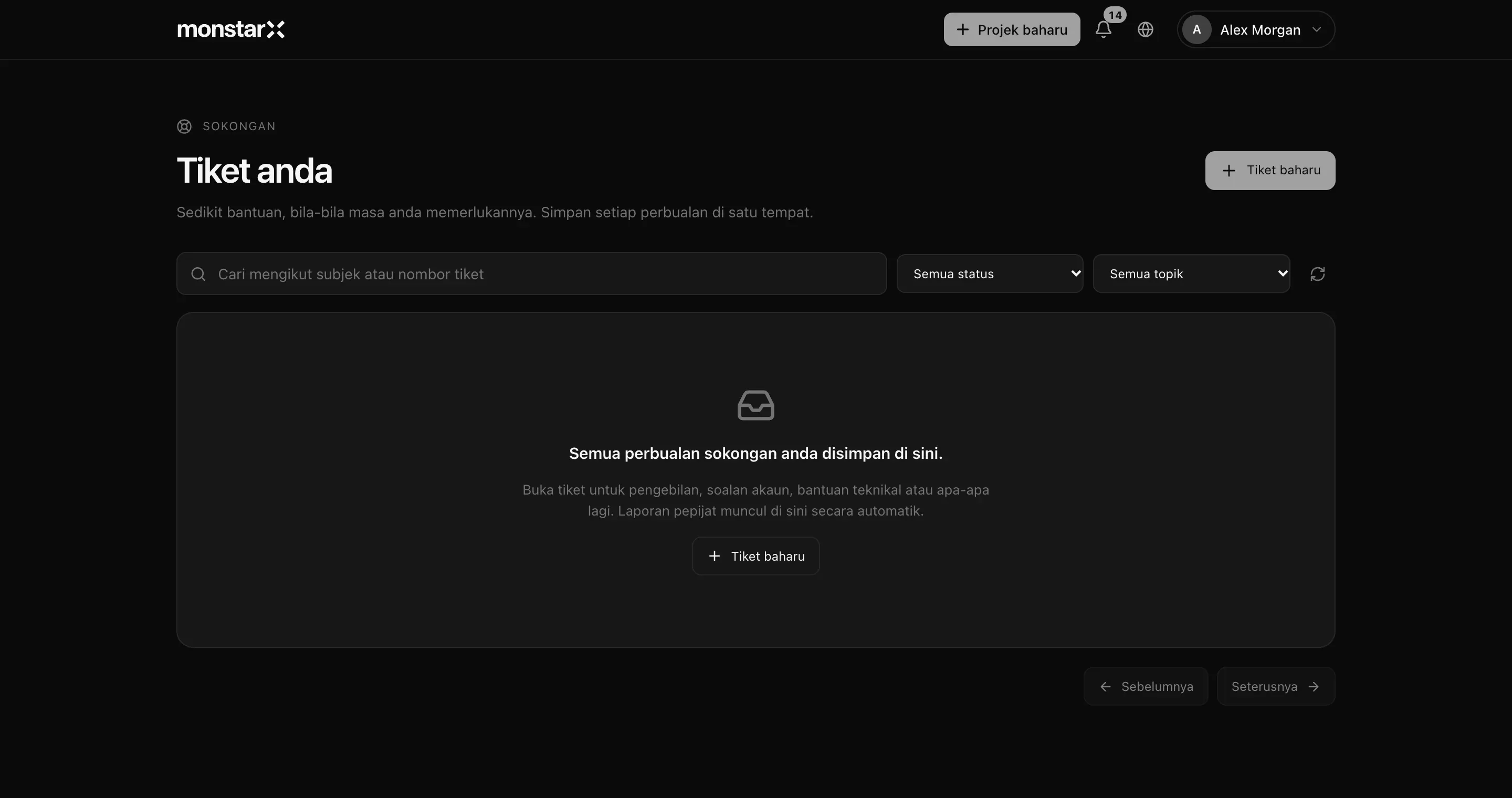 Halaman Sokongan, Tiket anda, sebelum ada sebarang tiket: kotak carian, penapis Semua status dan Semua topik, butang Tiket baharu dan nota bahawa laporan pepijat muncul di sini secara automatik