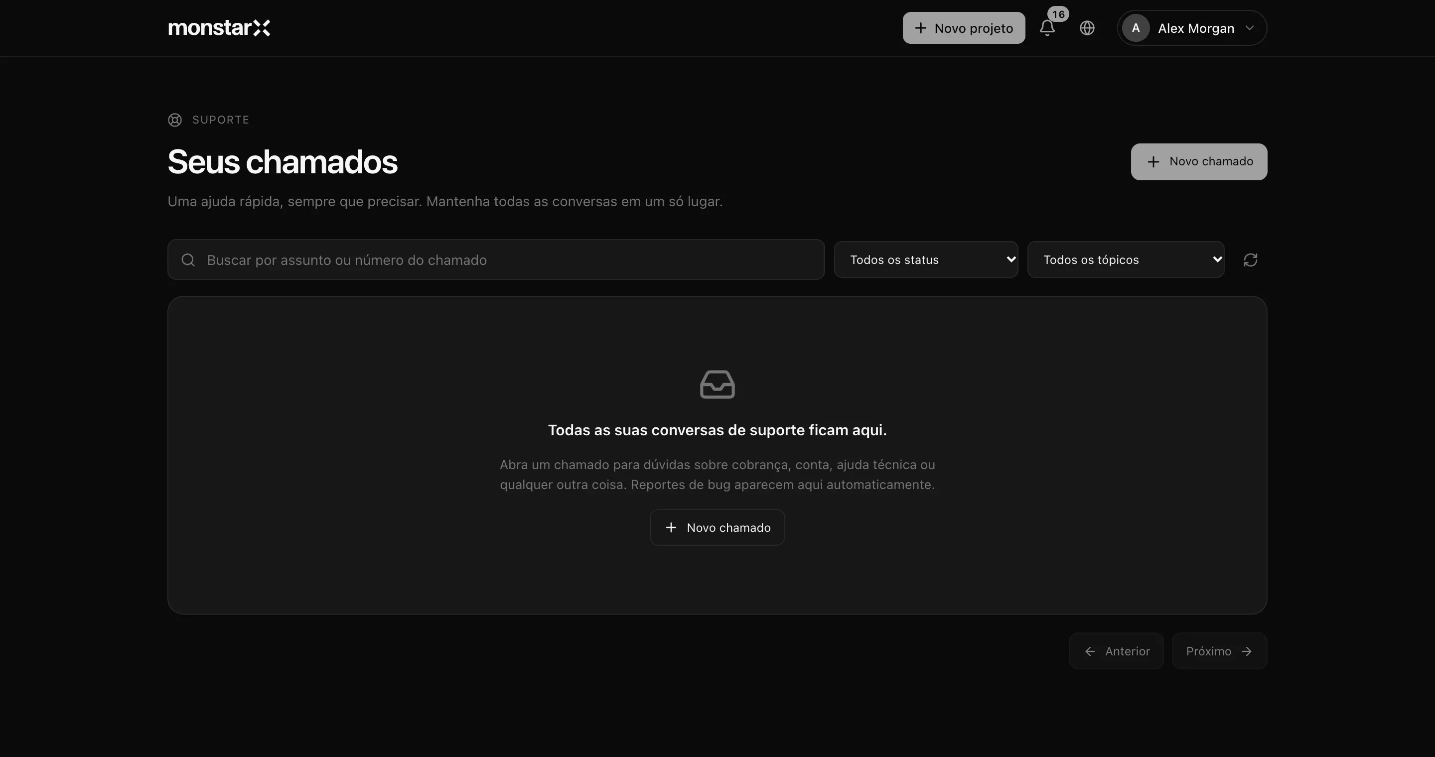 A página Suporte, em Seus chamados, antes de qualquer chamado: um campo de busca, os filtros Todos os status e Todos os tópicos, um botão Novo chamado e o aviso de que os reportes de bug aparecem ali automaticamente
