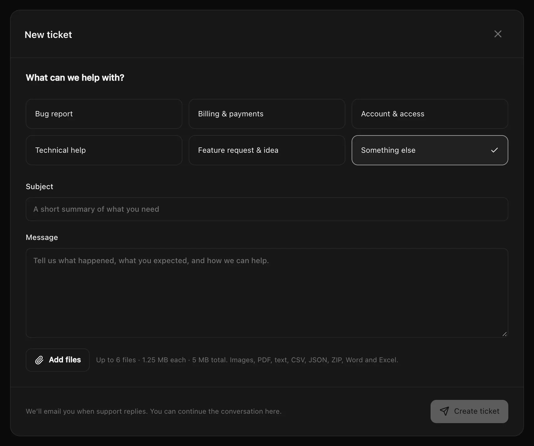 The New ticket form: six topics, Subject, Message, Add files and a Create ticket button