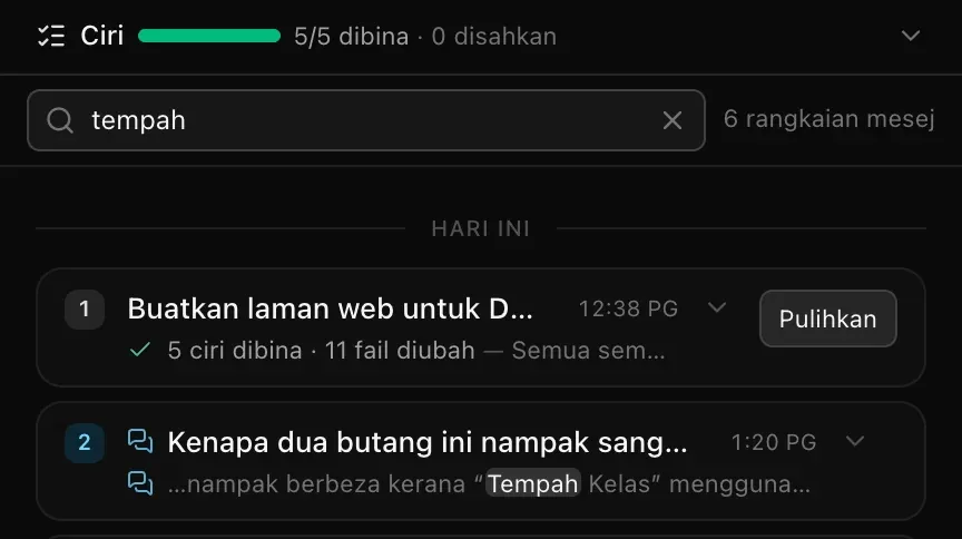 Carian rangkaian mesej dengan perkataan tempah ditaip: 6 rangkaian mesej sepadan di bawah pembahagi Hari ini, dengan perkataan itu diserlahkan dalam rangkaian Perbualan kedua