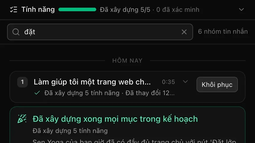 Ô tìm kiếm nhóm tin nhắn với từ đặt đã nhập: 6 nhóm khớp, nhóm đầu tiên là yêu cầu trang web Sen Yoga bên dưới dòng phân cách Hôm nay, tiếp theo là thẻ tổng kết