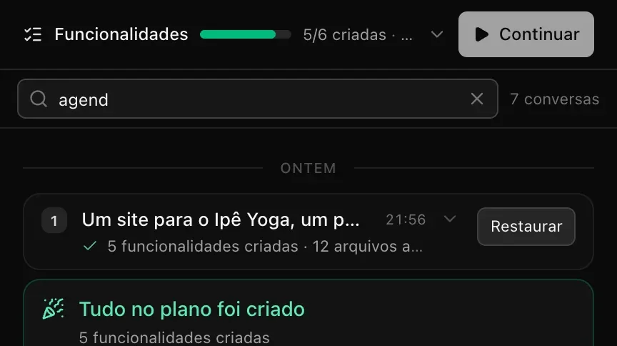 A busca de conversas com agend digitado e 7 conversas encontradas: abaixo de um divisor Ontem, a primeira conversa, Um site para o Ipê Yoga…, seguida do cartão Tudo no plano foi criado