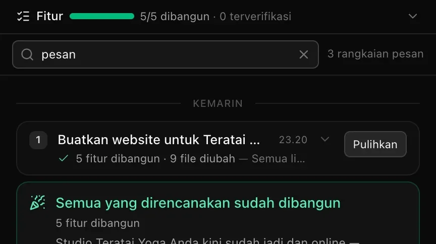 Pencarian rangkaian pesan dengan kata pesan diketik: 3 rangkaian pesan cocok, yang pertama permintaan website Teratai Yoga di bawah pemisah Kemarin, diikuti kartu ringkasan akhir