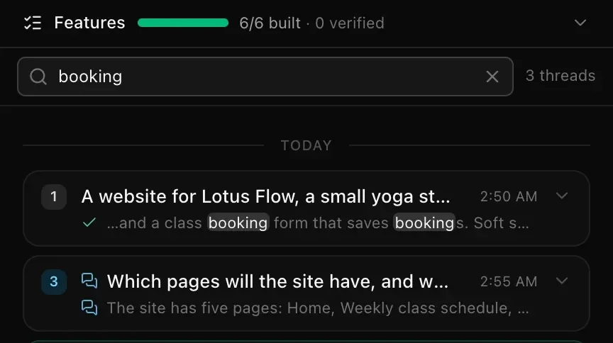 The thread search with booking typed in: two matching threads under a Today divider, with the word booking highlighted in the first