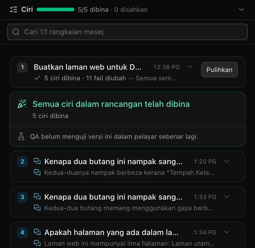 Rangkaian mesej yang dilipat di bawah kotak Cari 13 rangkaian mesej: rangkaian Bina pertama dengan 5 ciri dibina · 11 fail diubah dan butang Pulihkan, kad rumusan, dan tiga rangkaian Perbualan