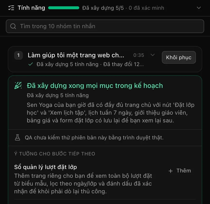 Ô Tìm trong 10 nhóm tin nhắn phía trên nhóm đầu tiên đã thu gọn, yêu cầu trang web Sen Yoga với Đã xây dựng 5 tính năng · Đã thay đổi 12 tệp và nút Khôi phục, tiếp theo là thẻ tổng kết