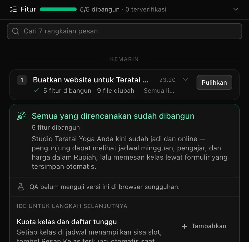 Kotak Cari 7 rangkaian pesan di atas rangkaian pertama yang terlipat, Buatkan website untuk Teratai Yoga dengan 5 fitur dibangun · 9 file diubah dan tombol Pulihkan, diikuti kartu ringkasan akhir