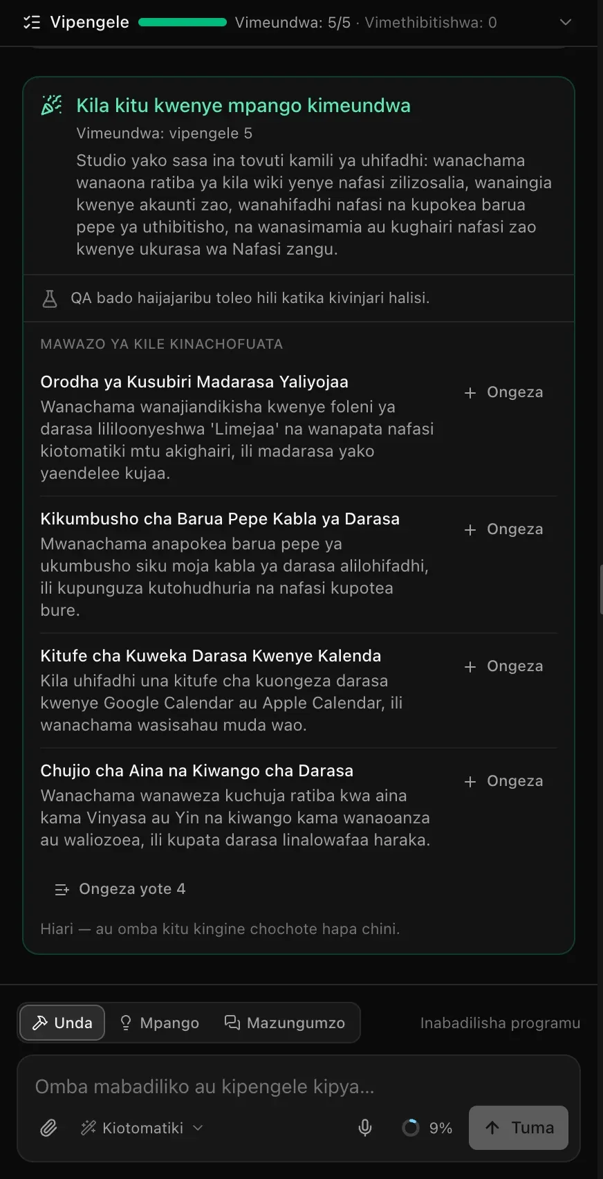 Paneli ya mazungumzo: upau wa Vipengele ukionyesha Vimeundwa: 5/5, Kila kitu kwenye mpango kimeundwa pamoja na muhtasari, Mawazo ya kile kinachofuata yenye vitufe vya Ongeza na Ongeza yote 4, na kisanduku cha ombi chenye swichi ya Unda, Mpango na Mazungumzo