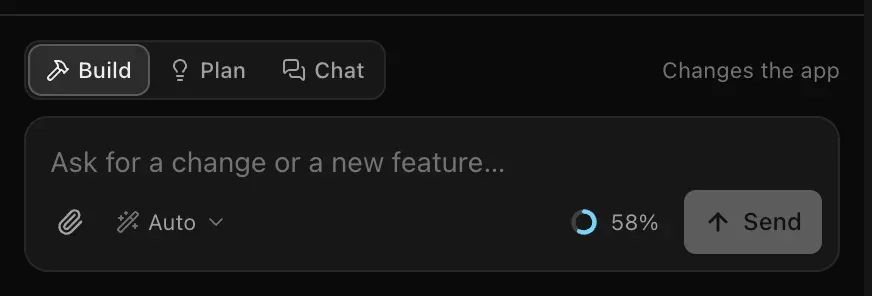 The prompt box: the Build, Plan and Chat switch with the hint Changes the app, a text box saying Ask for a change or a new feature, a paperclip, the model picker set to Auto, a usage ring and a Send button