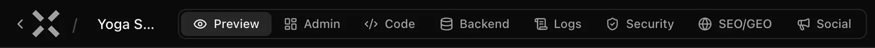 The left side of the top bar: a back arrow and the MonstarX logo, the project name Yoga S…, and the tabs Preview, Admin, Code, Backend, Logs, Security, SEO/GEO and Social