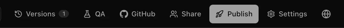 The right side of the project's top bar: Versions, QA, GitHub, Share, a highlighted Publish button and Settings
