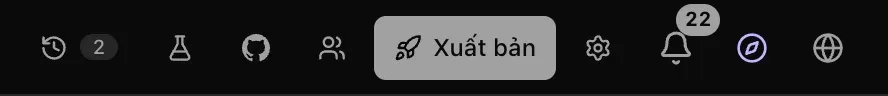 Phía bên phải thanh trên cùng của dự án: các biểu tượng Phiên bản, QA, GitHub và Chia sẻ, nút Xuất bản được làm nổi bật và Cài đặt