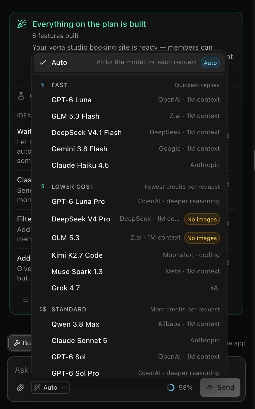 The model picker open over the chat: Auto, picks the model for each request, at the top, then the groups Fast, Lower cost and Standard, each listing models with their maker