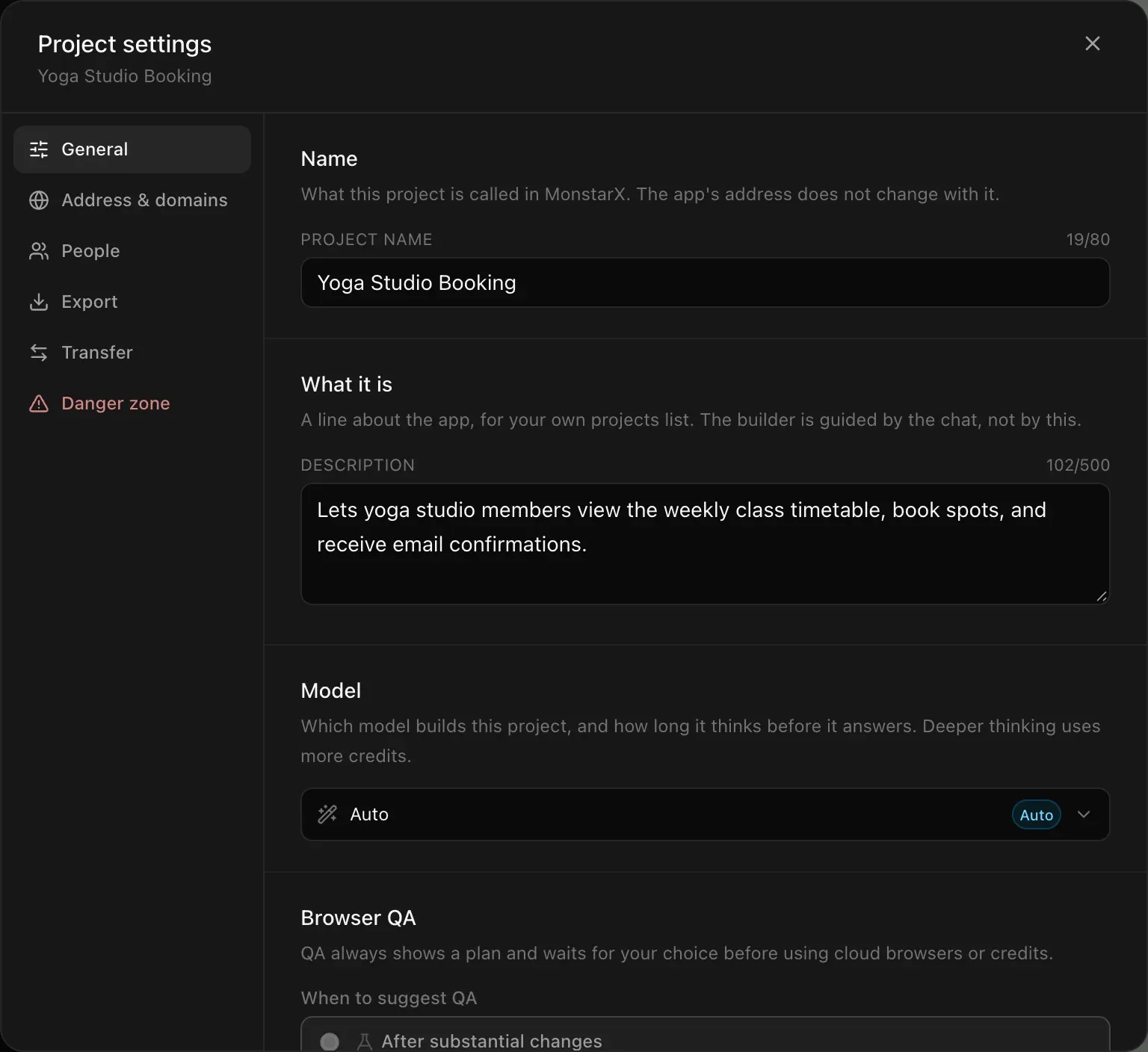 Project settings on the General section: the project's name and description, its model set to Auto and the Browser QA settings, with the sections General, Address & domains, People, Export, Transfer and Danger zone on the left