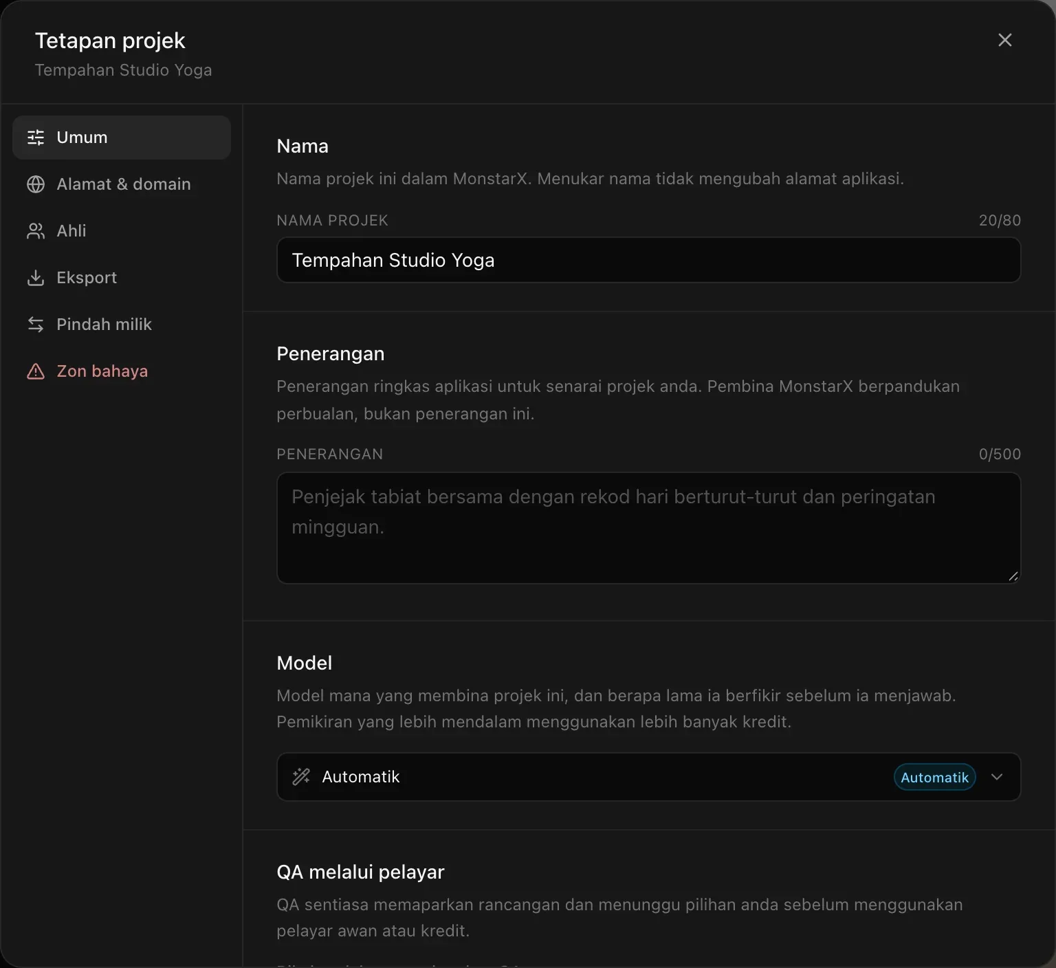 Tetapan projek pada bahagian Umum: nama dan penerangan projek, model yang ditetapkan kepada Automatik dan tetapan QA melalui pelayar, dengan bahagian Umum, Alamat & domain, Ahli, Eksport, Pindah milik dan Zon bahaya di sebelah kiri