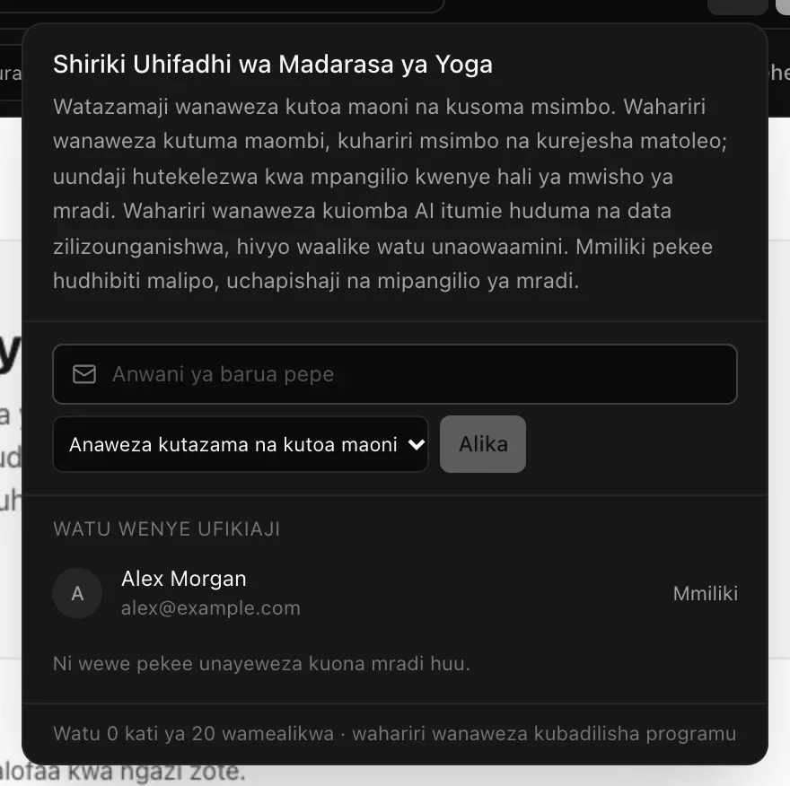 Paneli ya Shiriki: sehemu ya anwani ya barua pepe yenye chaguo la Anaweza kutazama na kutoa maoni na kitufe cha Alika, na Watu wenye ufikiaji ikimwonyesha Alex Morgan kama Mmiliki