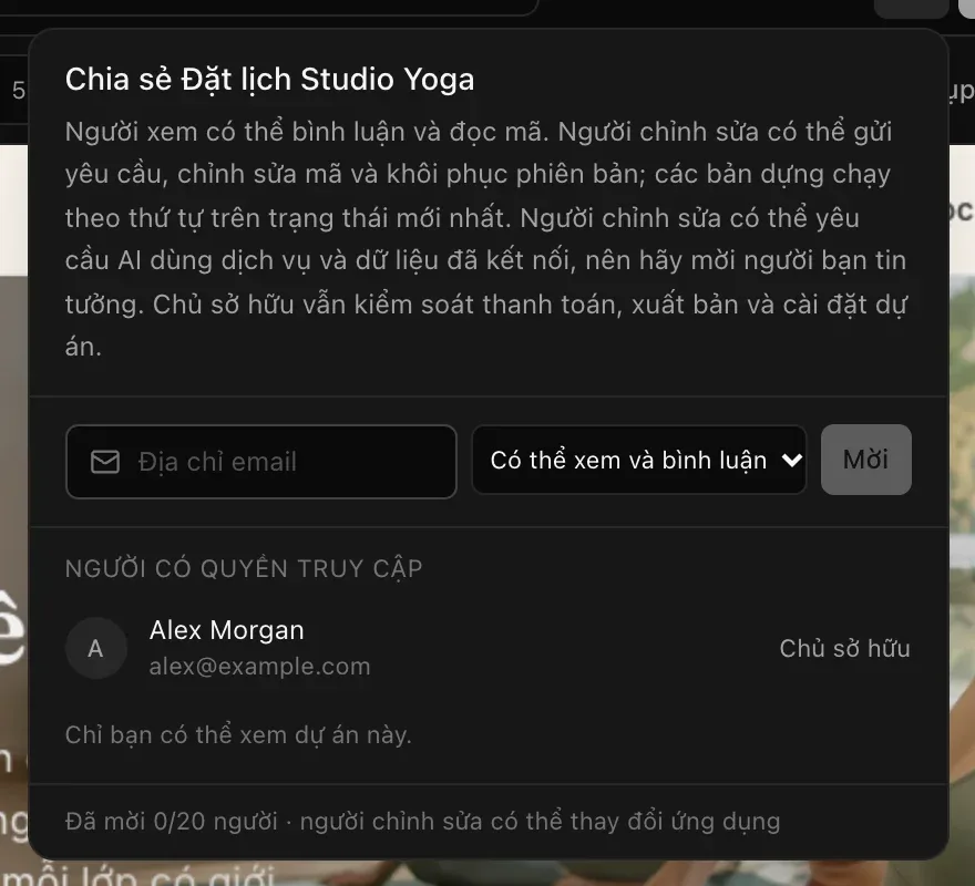 Bảng Chia sẻ: trường nhập địa chỉ email với lựa chọn Có thể xem và bình luận và nút Mời, bên dưới là Những người có quyền truy cập, liệt kê tài khoản của bạn với vai trò Chủ sở hữu