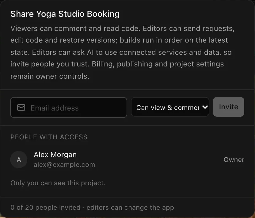 The Share panel: an email address field with a Can view & comment choice and an Invite button, and People with access listing Alex Morgan as Owner