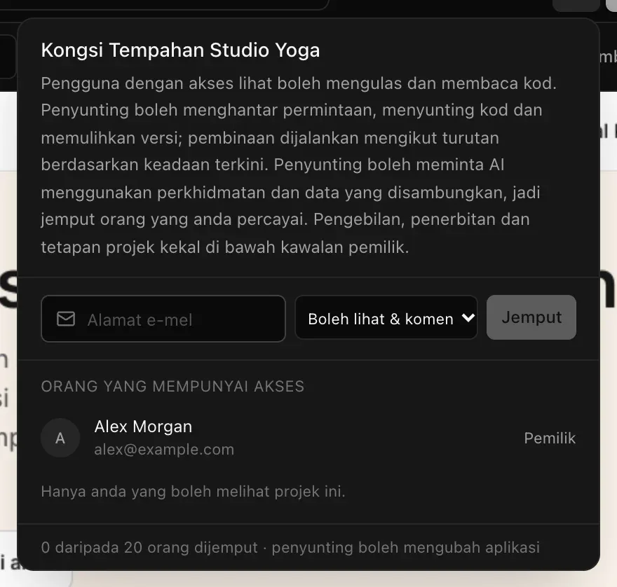 Panel Kongsi Tempahan Studio Yoga: penerangan akses lihat dan penyunting, medan Alamat e-mel dengan pilihan Boleh lihat & komen dan butang Jemput, serta Orang yang mempunyai akses dengan Alex Morgan bertanda Pemilik, Hanya anda yang boleh melihat projek ini, dan 0 daripada 20 orang dijemput