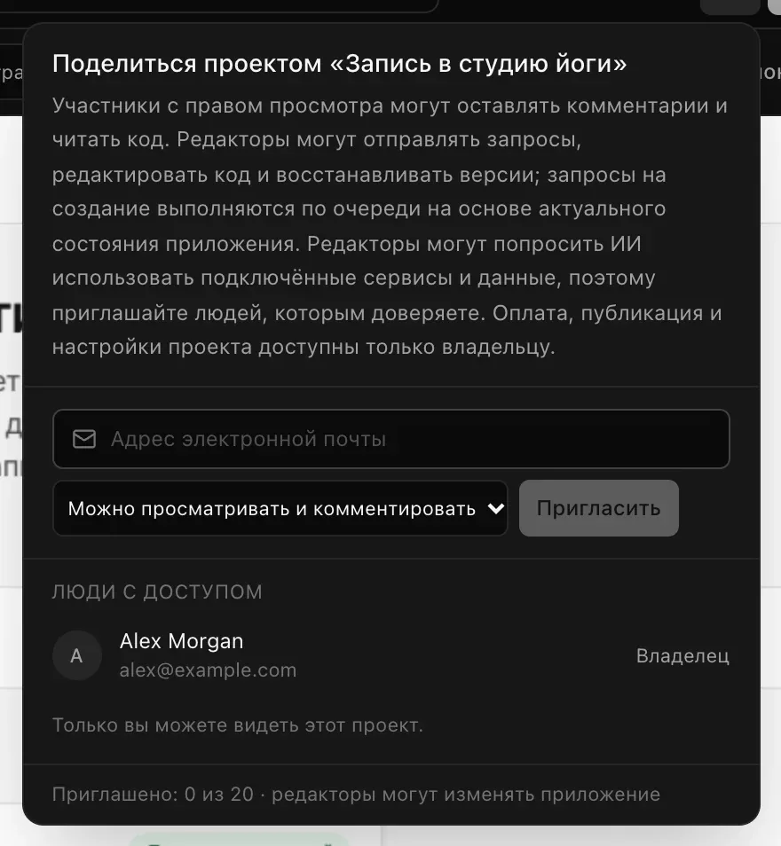 Панель «Поделиться»: поле адреса электронной почты с вариантом «Можно просматривать и комментировать» и кнопкой «Пригласить», ниже «Люди с доступом», где владелец проекта отмечен как «Владелец»