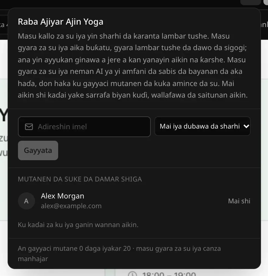 Allon Raba: filin adireshin imel mai zaɓin “Mai iya dubawa da sharhi” da maɓallin Gayyata, da “Mutanen da suke da damar shiga” mai nuna mai aikin a matsayin Mai shi